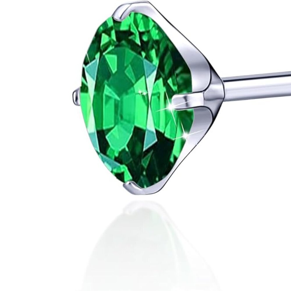 Green CZ titanium stud earrings, 6mm, hypoallergenic screw back, for sensitive e